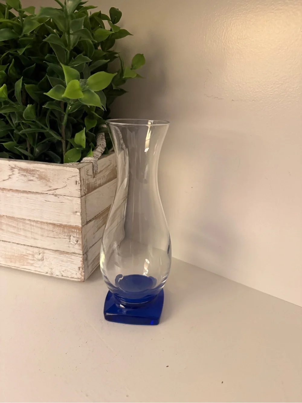Clear Art Glass Bud Vase Cobalt Blue Square Base Flared Rim 7”